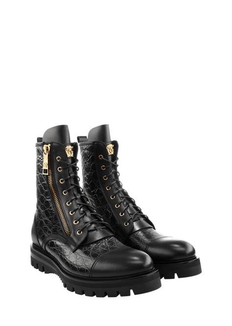 Versace Stamped Croc Army Style Boot In Black + Gold